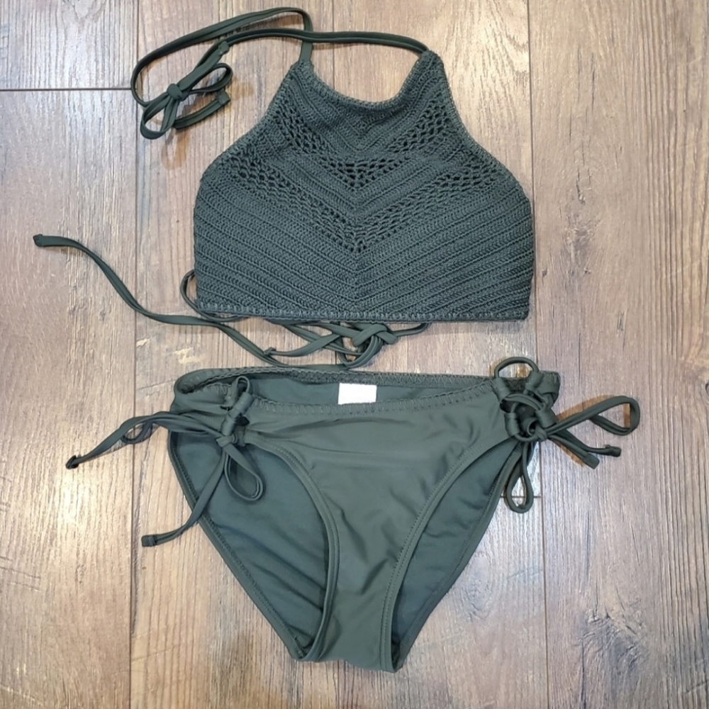 Olive green crochet 2 piece bathing suit